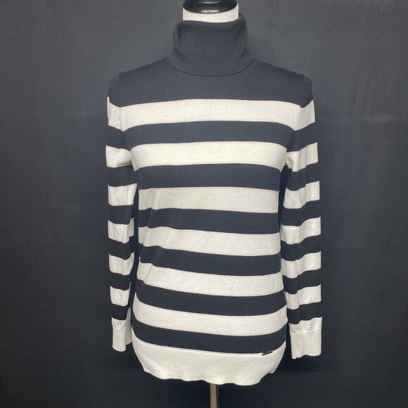 Tommy Hilfiger Women M Stripe Turtleneck Sweater Black White Classic READ Preppy - Picture 12 of 12